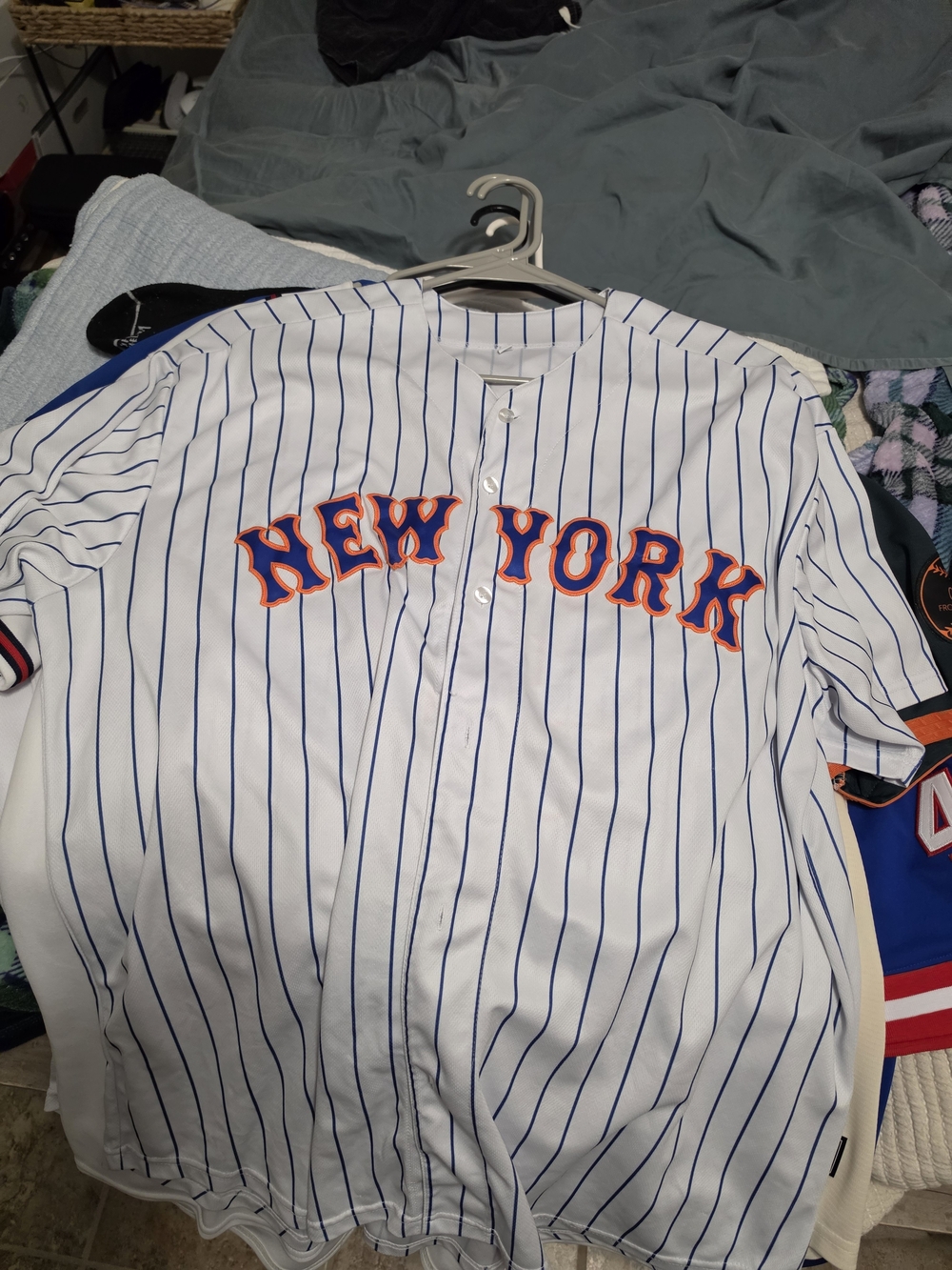 New York Pinstripe Baseball Jersey - White & Blue with Orange Trim